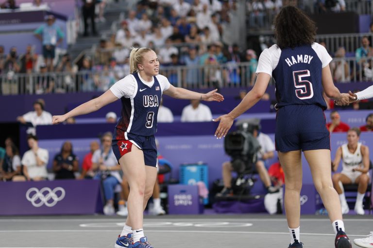United States player Hailey van Lith (9) reacts against Germany in the women’s pool basketball 3x3 game during the Paris 2024 Olympic Summer Games at La Concorde 1.