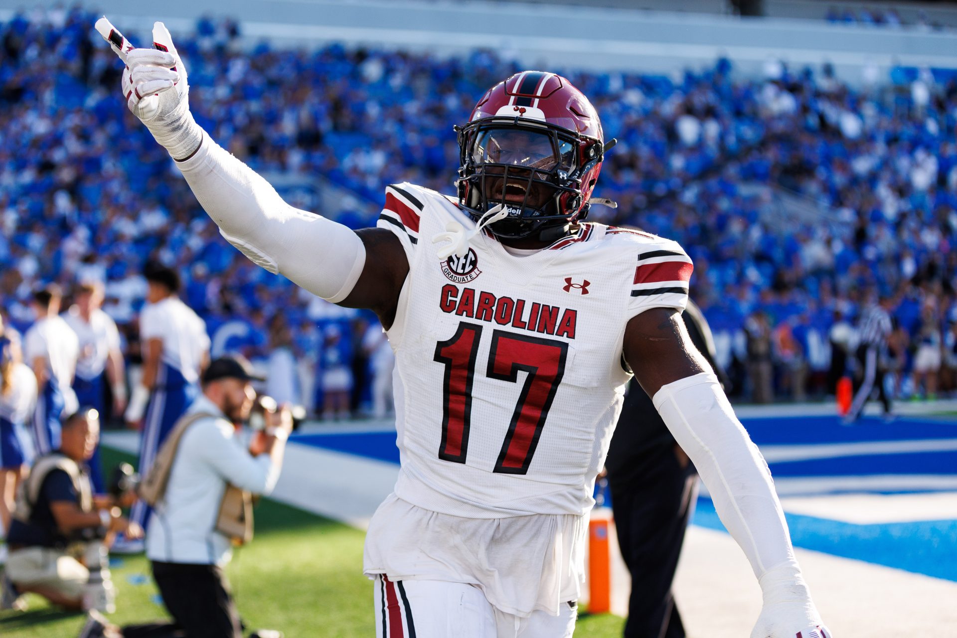 South Carolina Gamecocks linebacker Demetrius Knight Jr. (17) celebrates after a touchdown during the fourth quarter against the Kentucky Wildcats at Kroger Field.