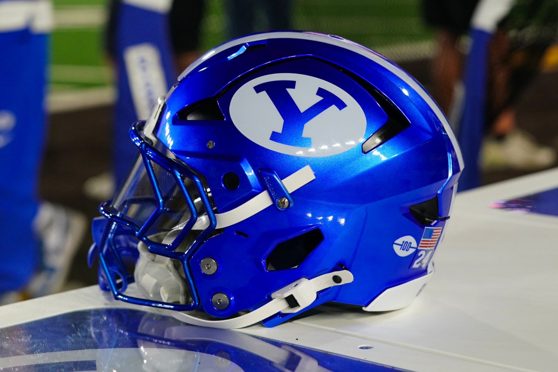 A general view of the Brigham Young Cougars helmet against the Wyoming Cowboys during the second quarter at Jonah Field at War Memorial Stadium.