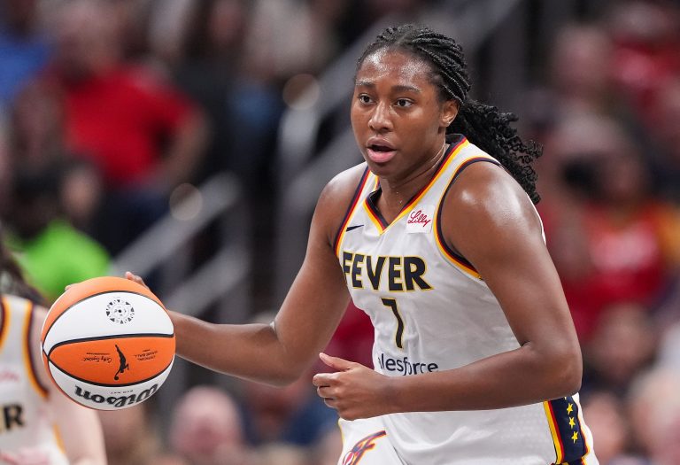 Indiana Fever forward Aliyah Boston (7) rushes up the court Friday, July 12, 2024, during the game at Gainbridge Fieldhouse in Indianapolis. The Indiana Fever defeated the Phoenix Mercury, 95-86.