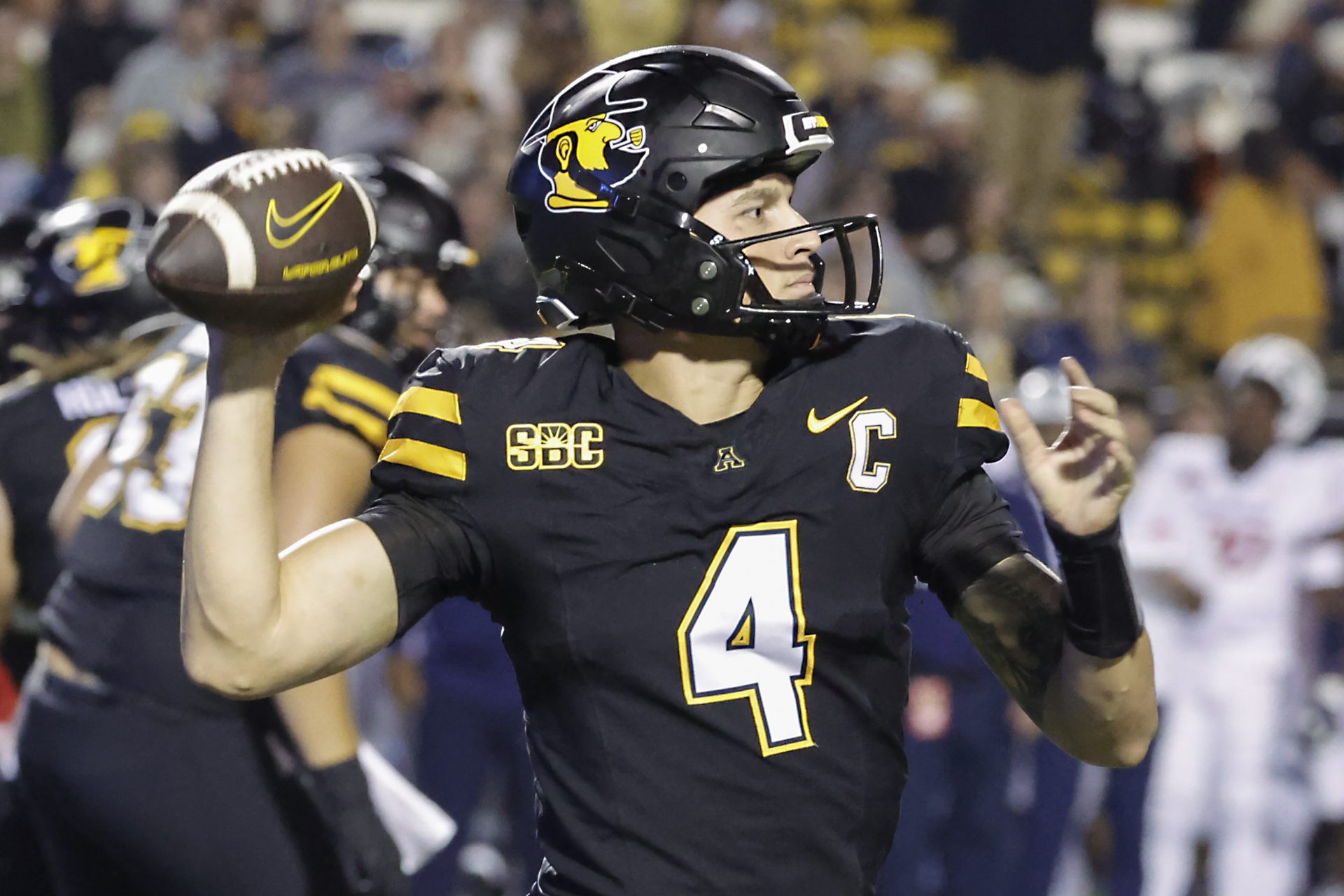 Appalachian State Mountaineers quarterback Joey Aguilar (4) throws a pass against the South Alabama Jaguars during the second quarter at Kidd Brewer Stadium.