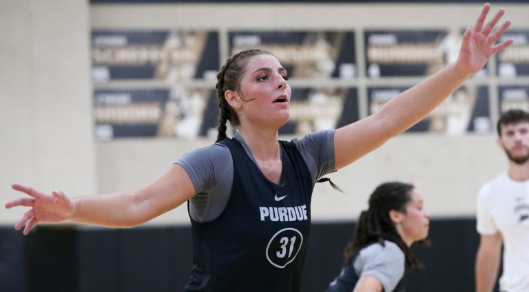 Purdue Boilermakers guard Sophie Swanson (31) defends Wednesday, Sept. 25, 2024, during practice