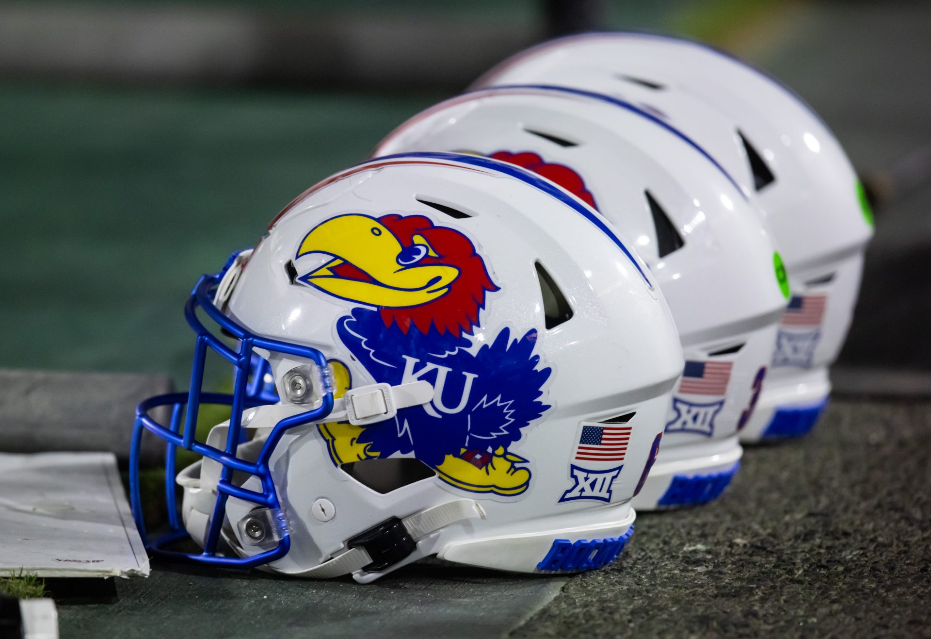 Detailed view of Kansas Jayhawks helmet at Mountain America Stadium.