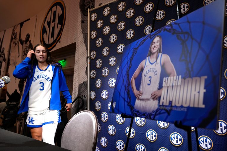 Kentucky player Georgia Amoore arrives for an interview session during SEC Media Day at the Grand Bohemian Hotel in Mountain Brook Tuesday, Oct. 16, 2024.