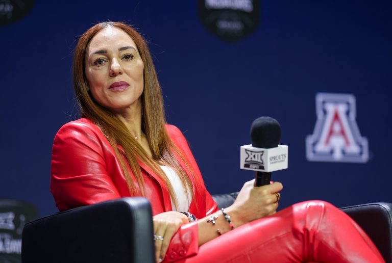 Arizona Wildcats head coach Adia Barnes talks to media during the Big 12 Women’s Basketball Media Day at T-Mobile Center.