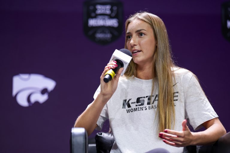 Kansas State Wildcats guard Serena Sundell (4) talks to media during the Big 12 Women’s Basketball Media Day at T-Mobile Center.