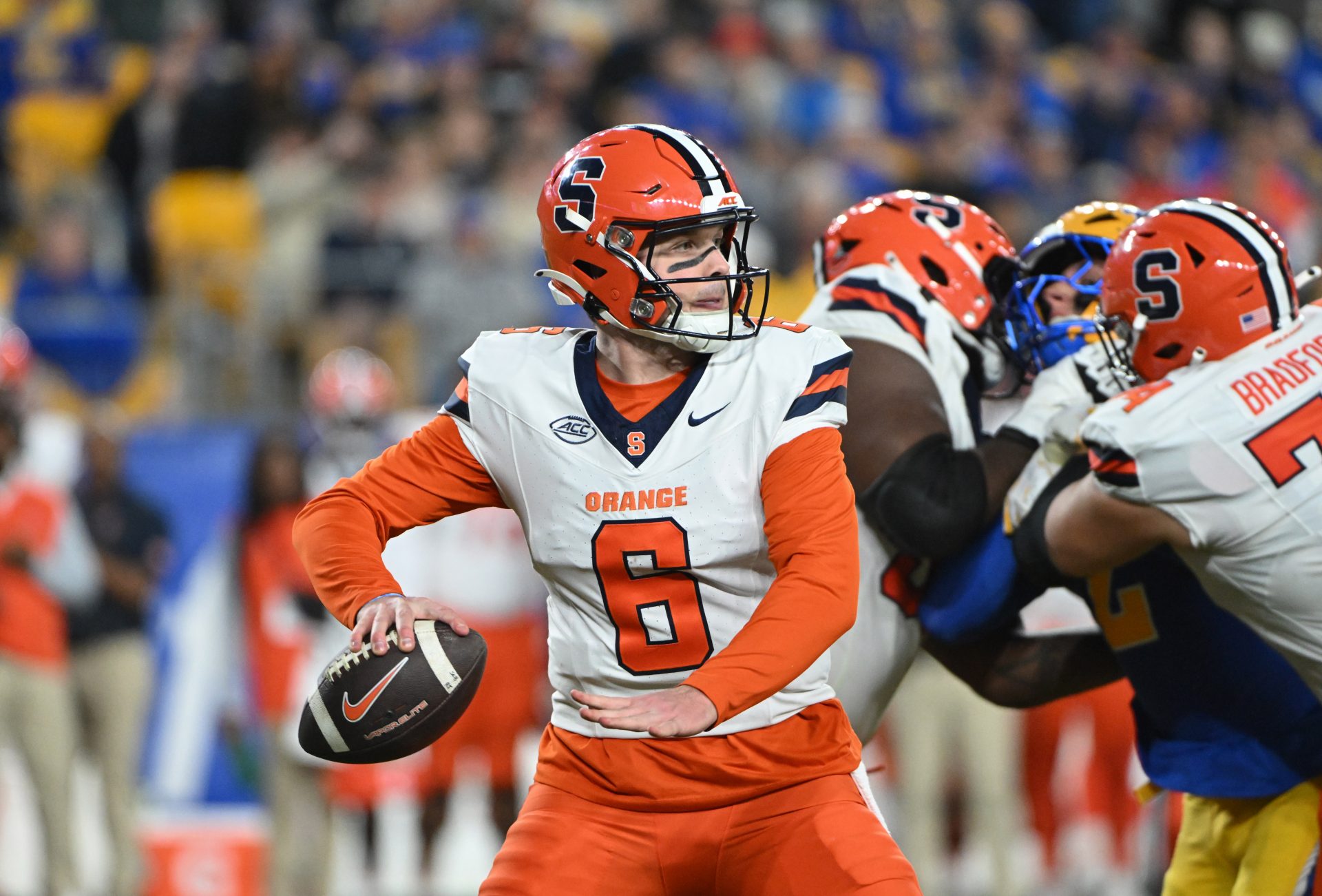 Syracuse Orange quarterback Kyle McCord (6) throws a pass during the fthird quarter against the Pittsburgh Panthers at Acrisure Stadium.