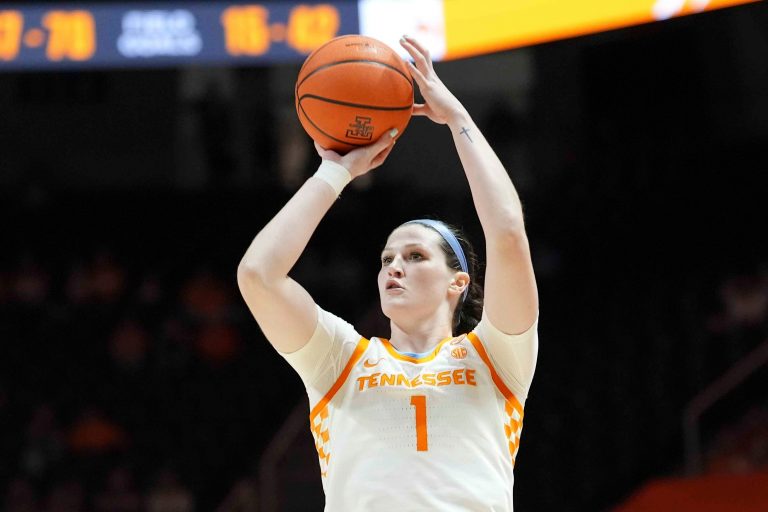Tennessee forward Sara Puckett (1) takes a shot during an exhibition game between the Lady Vols and Carson-Newman at Thompson-Boling Arena at Food City Center, Thursday, Oct. 31, 2024.