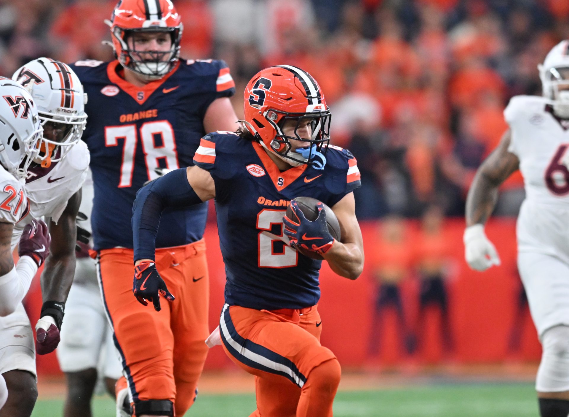 Syracuse Orange wide receiver Trebor Pena (2) runs with the ball after making a catch in the third quarter against the Virginia Tech Hokies at JMA Wireless Dome.