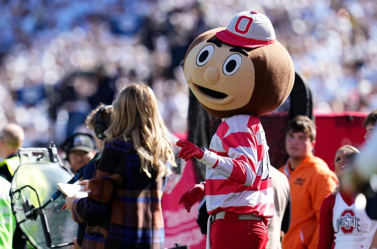 Ohio State Buckeyes mascot Brutus walks along the sideline during the NCAA football game against the Penn State Nittany Lions at Beaver Stadium in University Park, Pa. on Monday, Nov. 4, 2024. Ohio State won 20-13.