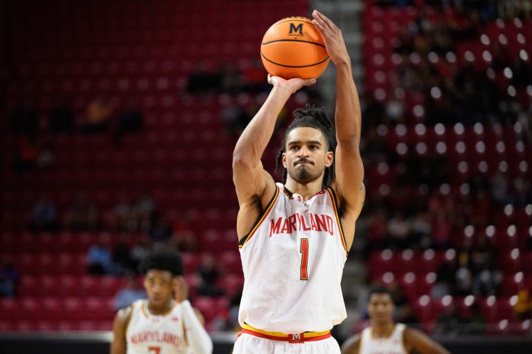 College Park, Maryland, USA; Maryland Terrapins guard Rodney Rice (1) shoots a free throw during the second half against the Mount St. Mary's Mountaineers at Xfinity Center.