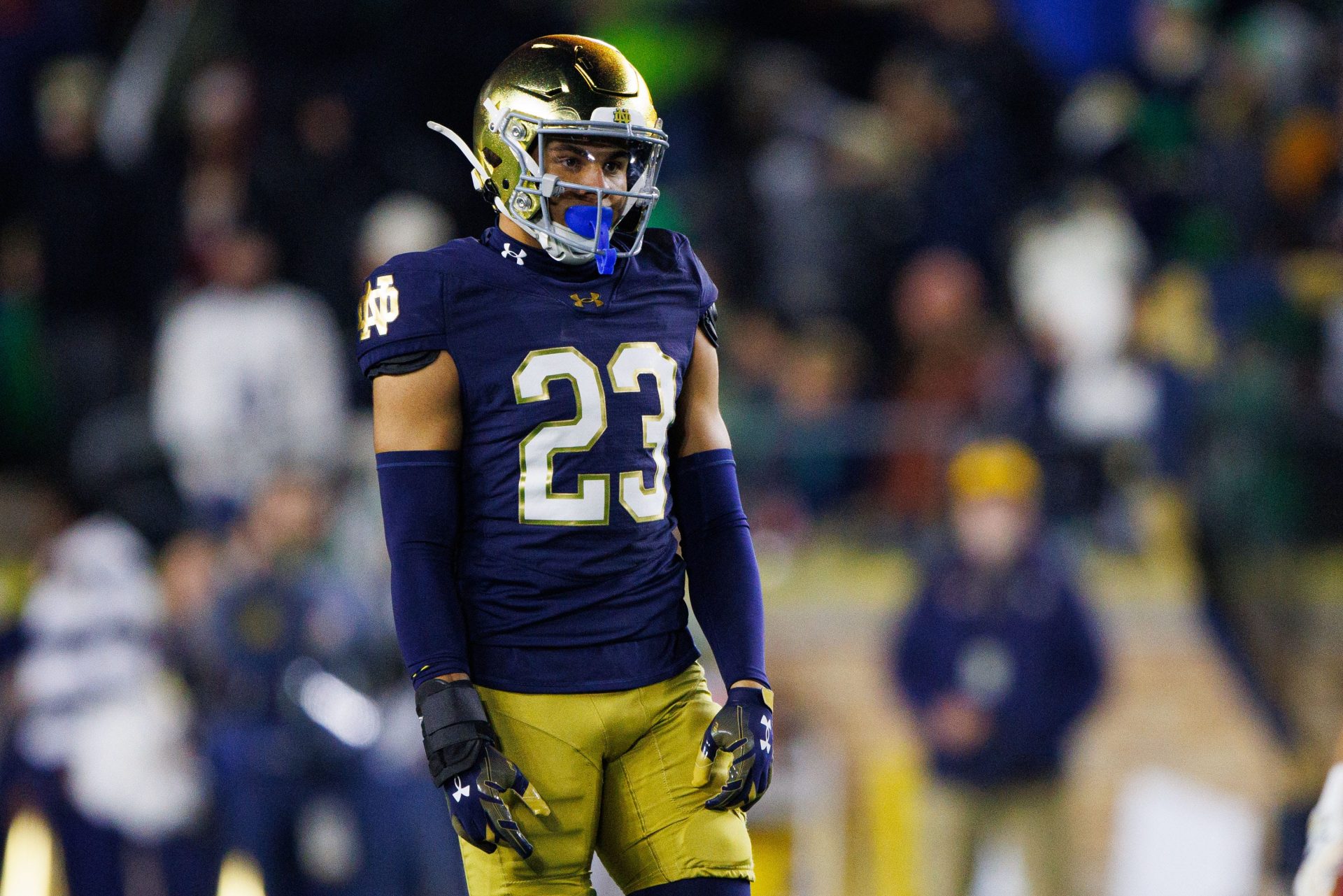 Notre Dame safety Kennedy Urlacher (23) lines up during a NCAA college football game against Florida State at Notre Dame Stadium on Saturday, Nov. 9, 2024, in South Bend.