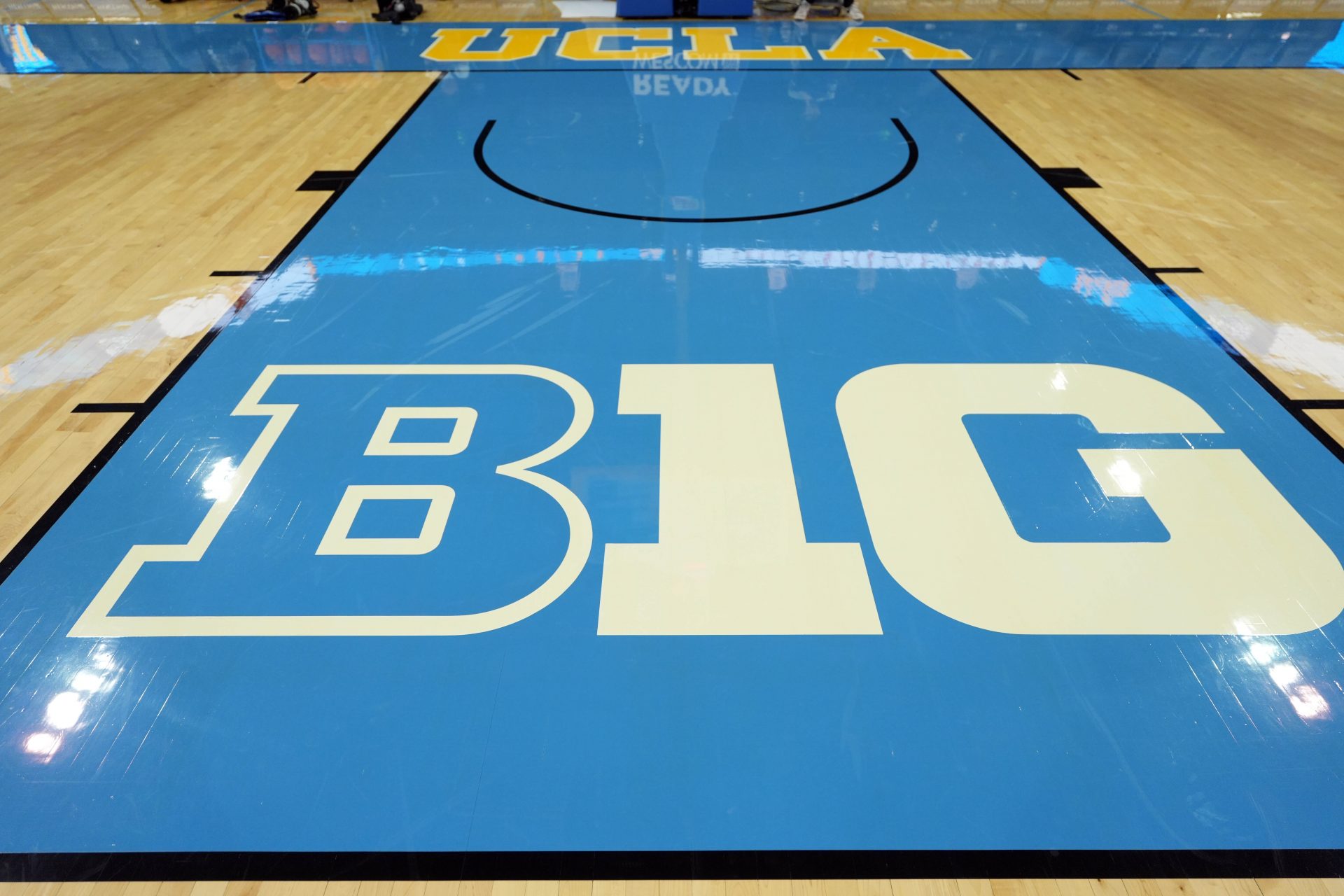 The Big Ten conference logo on the court at Pauley Pavilion presented by Wescom.