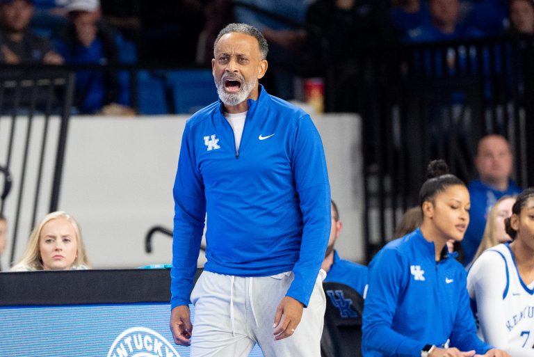 Kentucky Wildcats head coach Kenny Brooks shouts to his players during their game against the Louisville Cardinals on Saturday, Nov. 16, 2024 at Memorial Coliseum in Lexington, Ky.