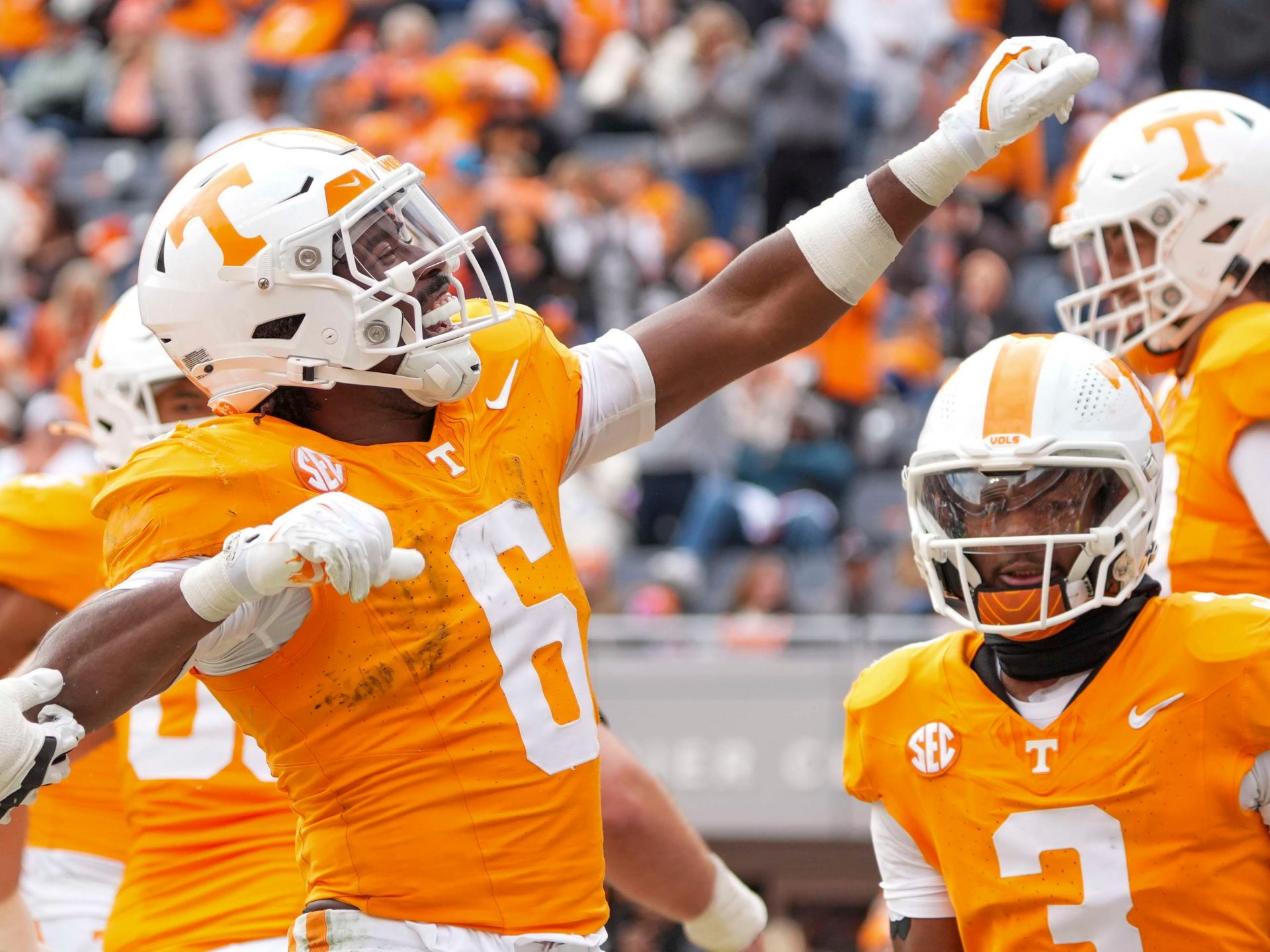 Tennessee running back Dylan Sampson (6) celebrates after scoring a touchdown during a NCAA football game between Tennessee and UTEP in Neyland Stadium on Saturday, November 23, 2024.