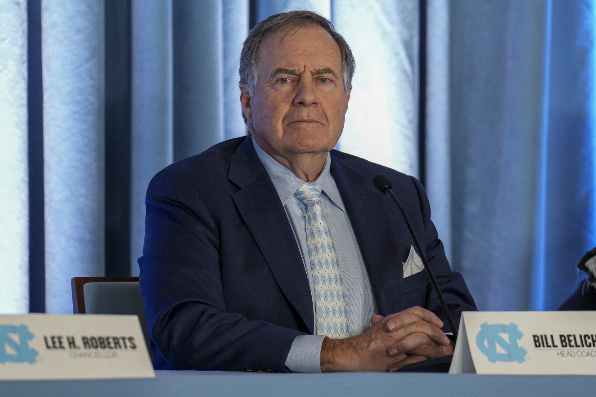 North Carolina Tar Heels new head coach Bill Belichick speaks to those attending his hiring announcement at Loudermilk Center for Excellence.