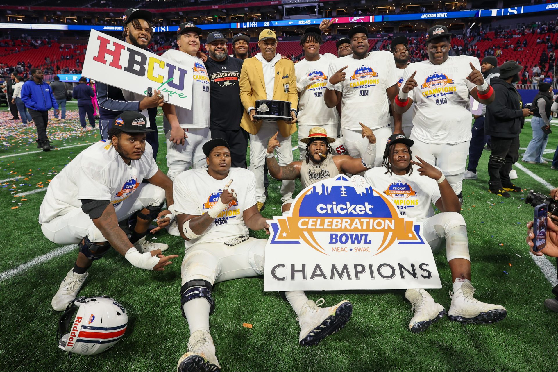 Jackson State Tigers players celebrate after a victory over the South Carolina State Bulldogs in the Celebration Bowl at Mercedes-Benz Stadium.