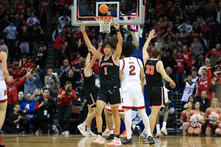 Princeton Tigers guard Xaivian Lee (1) celebrates a win over Rutgers Scarlet Knights at Prudential Center.