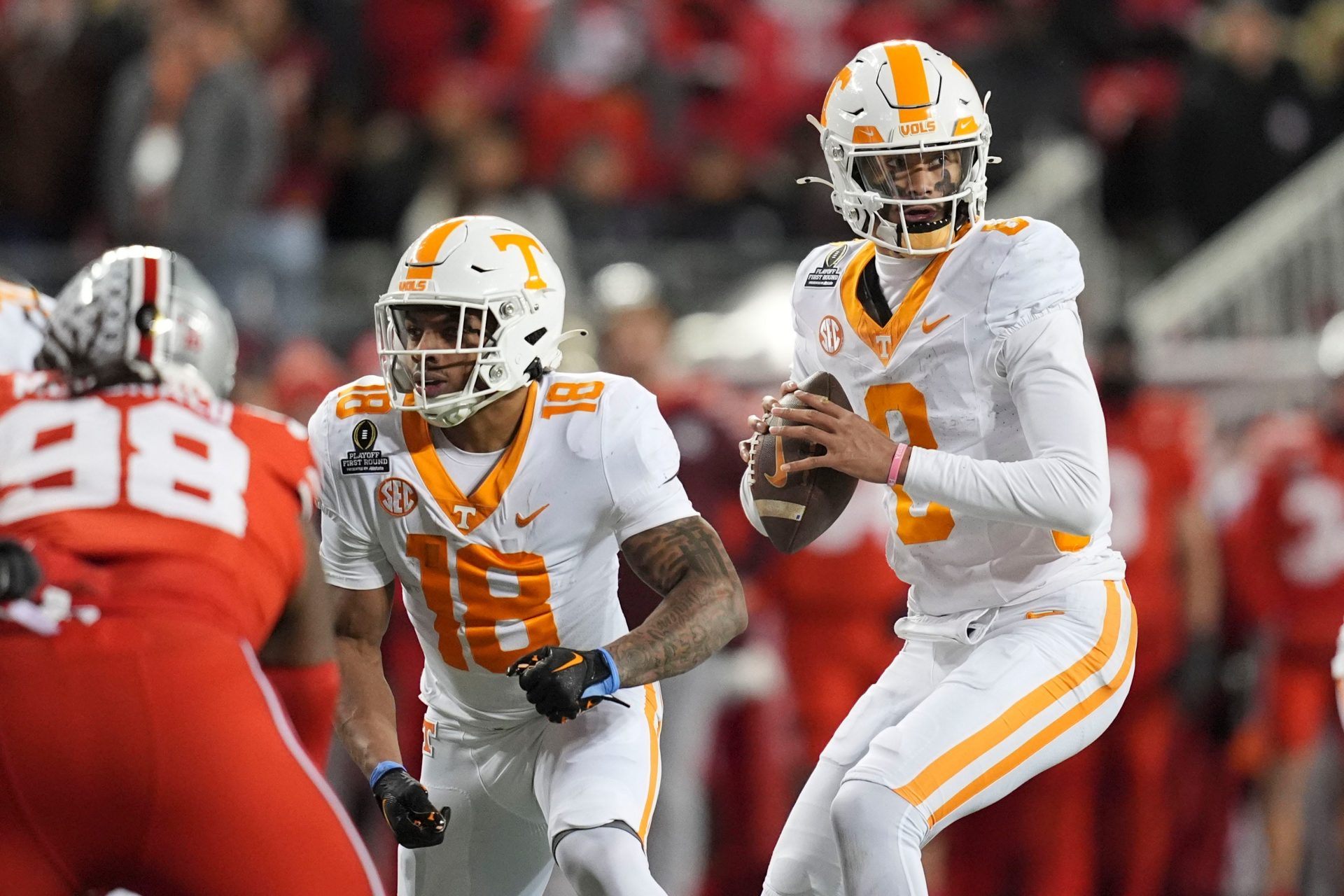 Tennessee quarterback Nico Iamaleava (8) looks for an open receiver during the NCAA college football playoff game against Ohio State on Saturday, Dec. 21, 2024, in Columbus, Ohio.