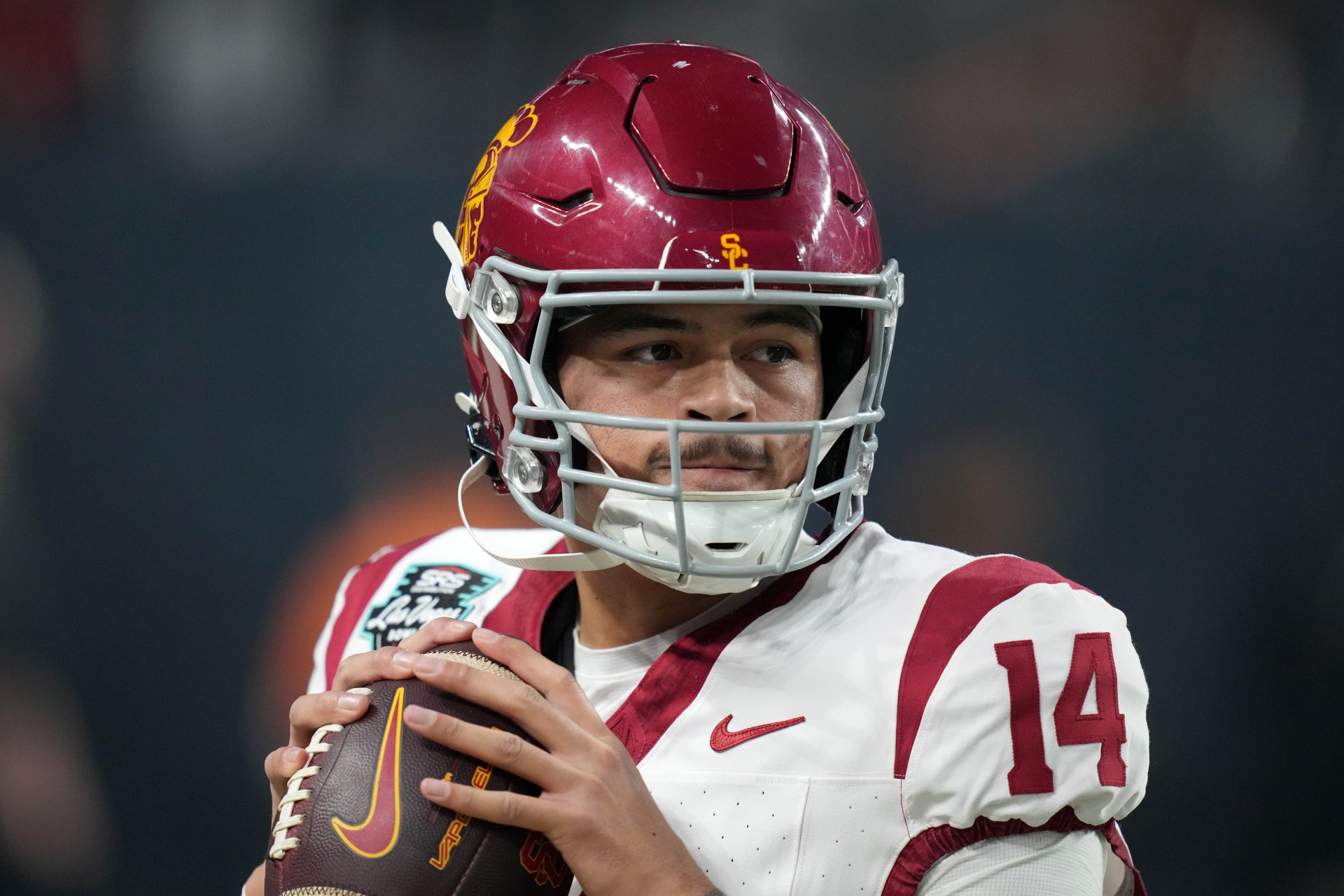 Southern California Trojans quarterback Jayden Maiava (14) throws the ball against the Texas A&M Aggies in the first half at Allegiant Stadium.