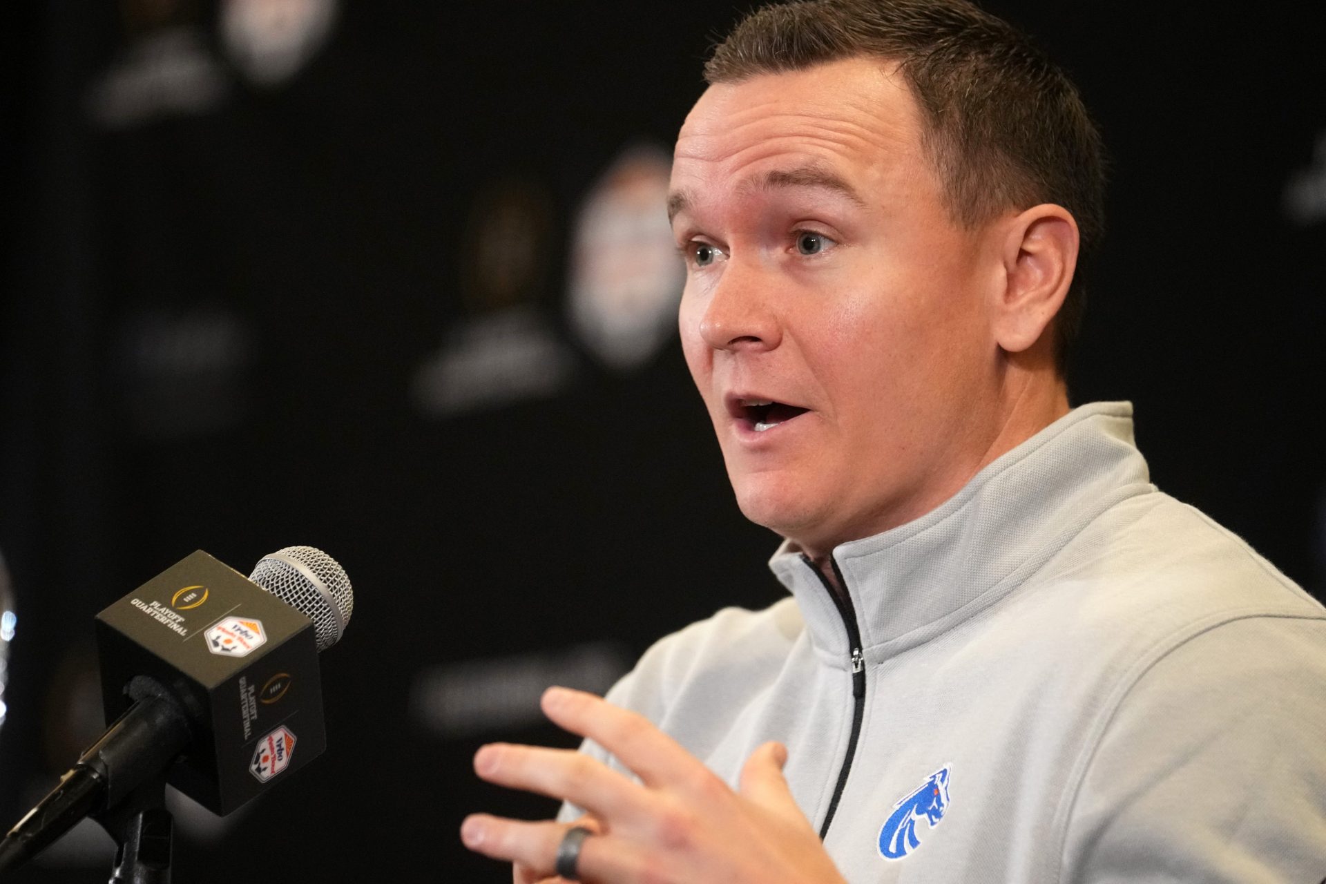 Boise State Broncos head coach Spencer Danielson speaks to the media at Arizona Ballroom at Camelback Inn on Dec. 29, 2024, ahead of their Vrbo Fiesta Bowl matchup against the Penn State Nittany Lions.