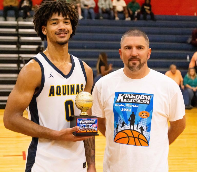 St. Thomas Aquinas Dwayne Wimbley Jr. (0) won the MVP award. Gibbs High School played St. Thomas Aquinas in the championship game of the Kingdom of the Sun at Vangaurd High School in Ocala, FL on Monday, December 30, 2024. St. Thomas Aquinas defeated the Raiders 80-64.