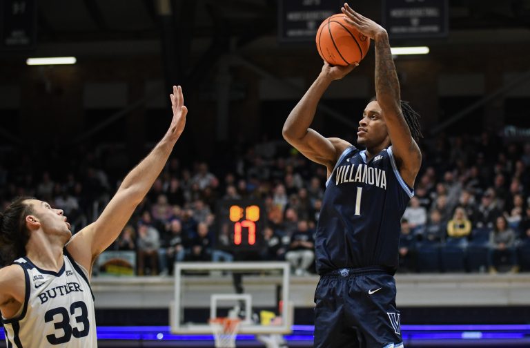 Villanova Wildcats guard Kris Parker (1) attempts a shot over Butler Bulldogs forward Boden Kapke (33) during the second half at Hinkle Fieldhouse.