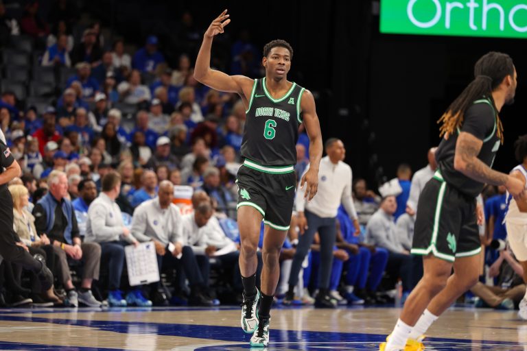 North Texas Mean Green forward Brenen Lorient (6) reacts after a three point basket against the Memphis Tigers during the first half at FedExForum.