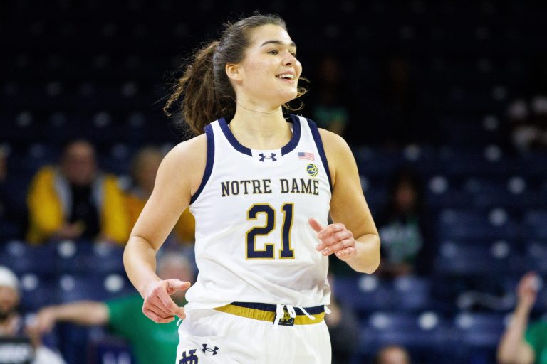 Notre Dame forward Maddy Westbeld smiles after making a three point shot during a NCAA women's basketball game between No. 3 Notre Dame and Wake Forest at Purcell Pavilion on Thursday, Jan. 9, 2025, in South Bend.