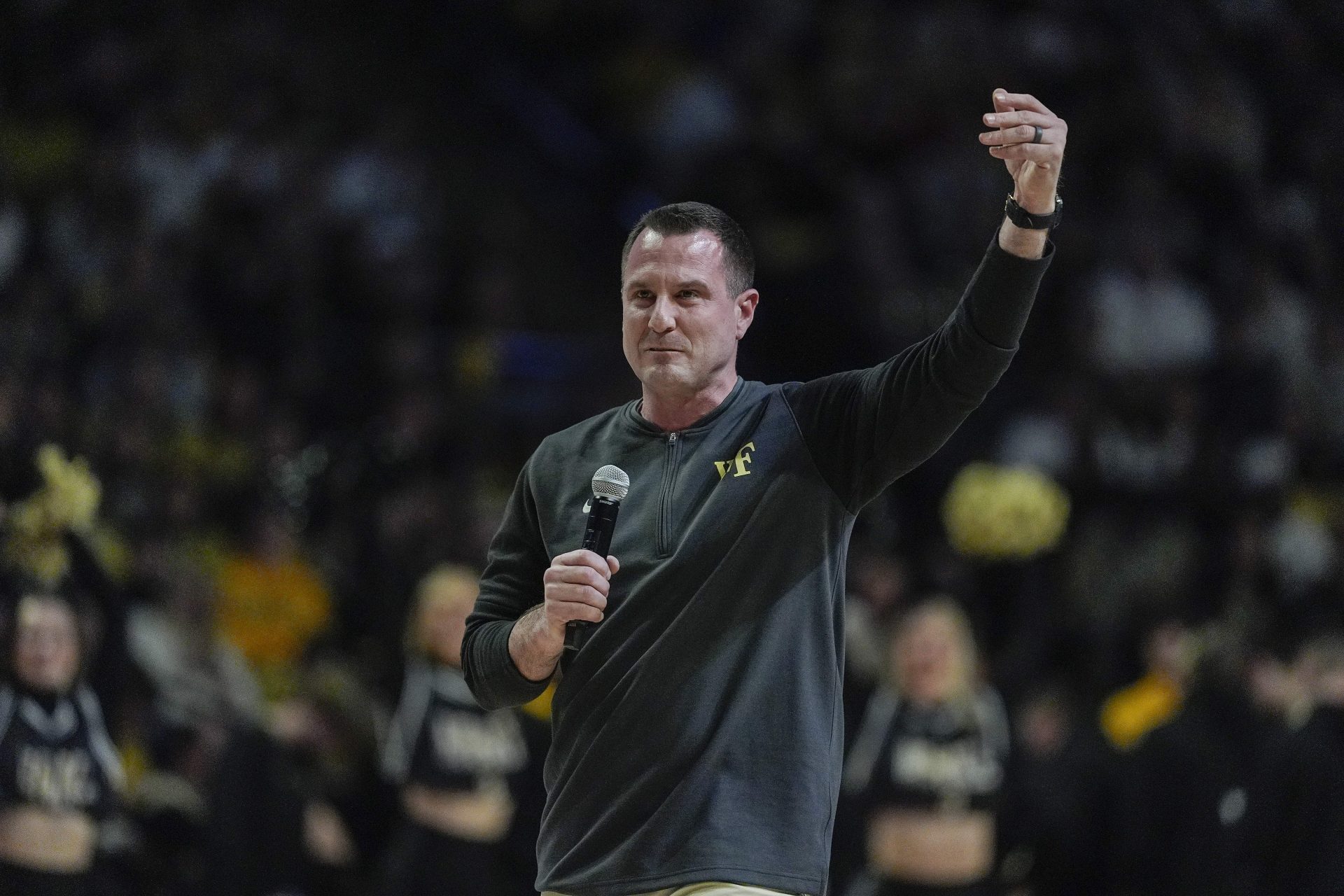 New Wake Forest Demon Deacons football coach Jake Dickert speaks to the fans during the first half between the Wake Forest Demon Deacons and the Duke Blue Devils at Lawrence Joel Veterans Memorial Coliseum.