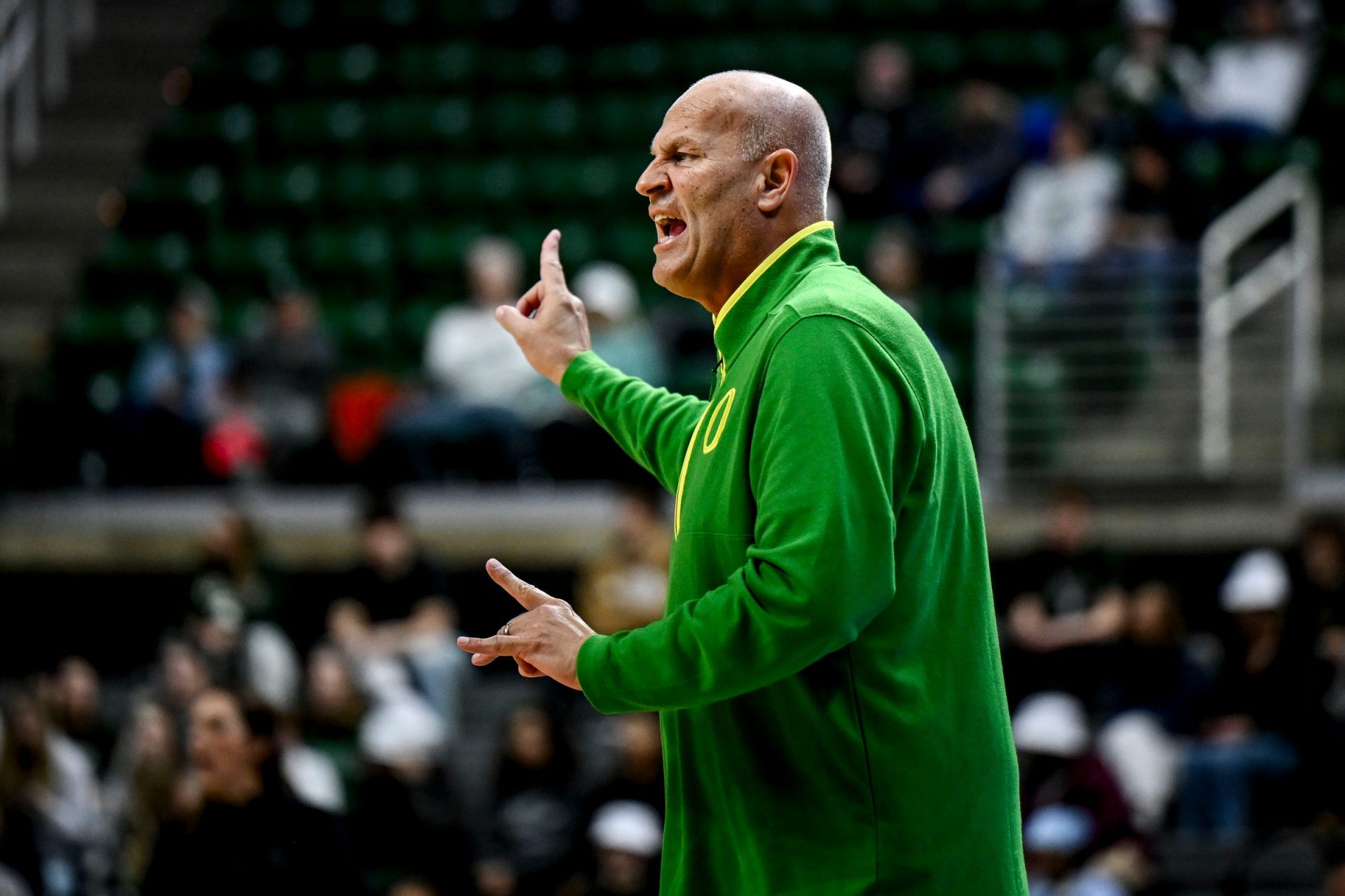 Oregon's head coach Kelly Graves calls out to players during the first quarter in the game against Michigan State on Thursday, Jan. 30, 2025, at the Breslin Center in East Lansing.