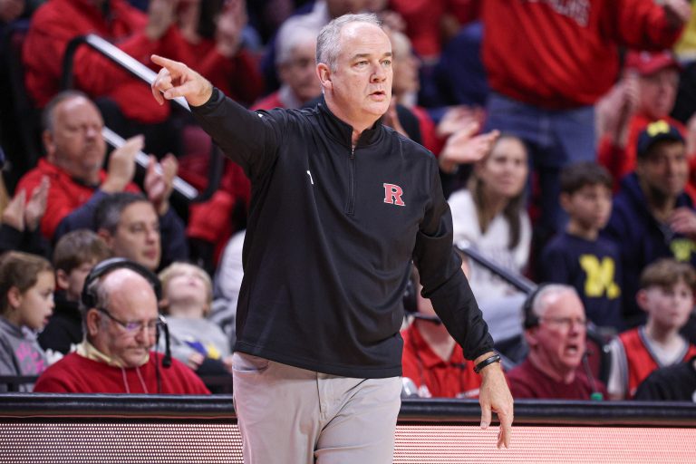 Rutgers Scarlet Knights head coach Steve Pikiell reacts during the first half against the Michigan Wolverines at Jersey Mike's Arena.