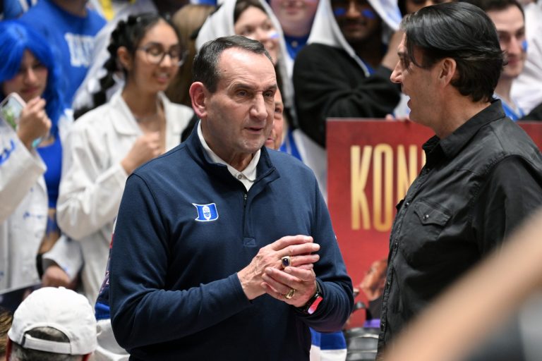 Duke Blue Devils former head coach coach Mike Krzyzewski before a game against the North Carolina Tar Heels at Cameron Indoor Stadium.