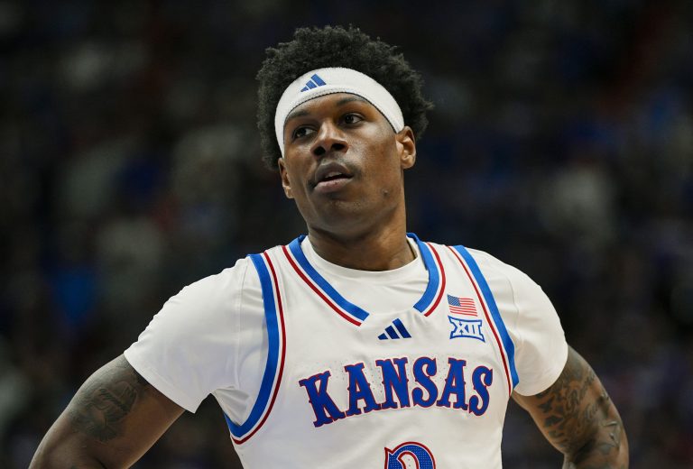 Kansas Jayhawks guard AJ Storr (2) reacts during the second half against the Iowa State Cyclones at Allen Fieldhouse.