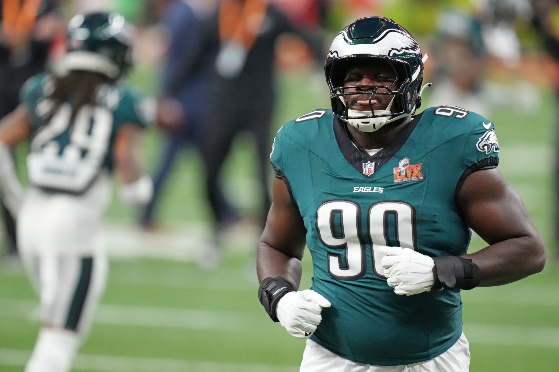 Philadelphia Eagles defensive tackle Jordan Davis (90) practices before Super Bowl LIX against the Kansas City Chiefs at Caesars Superdome.