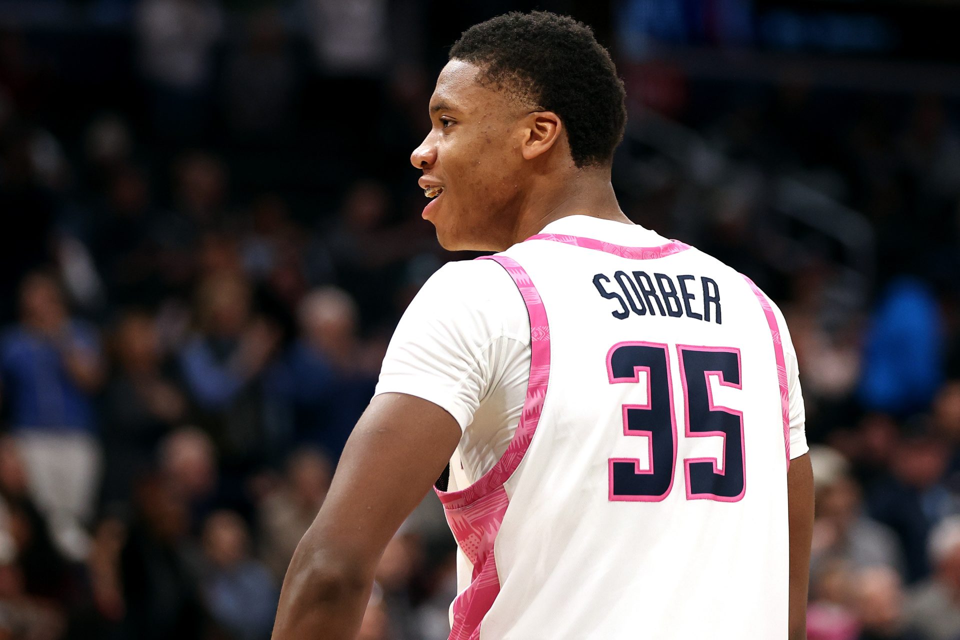 Georgetown Hoyas forward Thomas Sorber (35) celebrates during the second half against the Seton Hall Pirates at Capital One Arena.