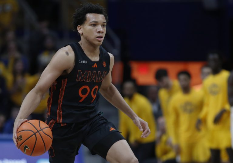 Miami (Fl) Hurricanes guard Divine Ugochukwu (99) dribbles the ball against the Pittsburgh Panthers during the second half at the Petersen Events Center.