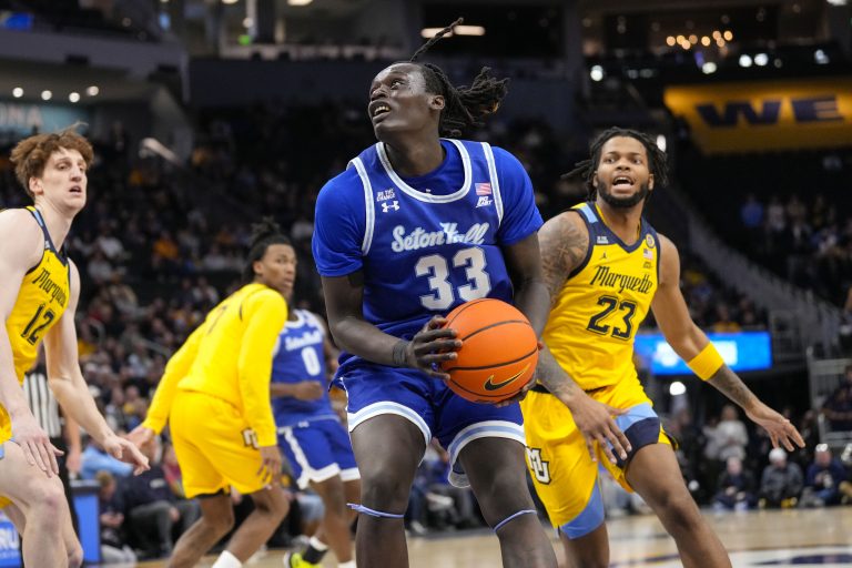 Seton Hall Pirates guard Garwey Dual (33) looks to shoot during the first half against the Marquette Golden Eagles at Fiserv Forum.