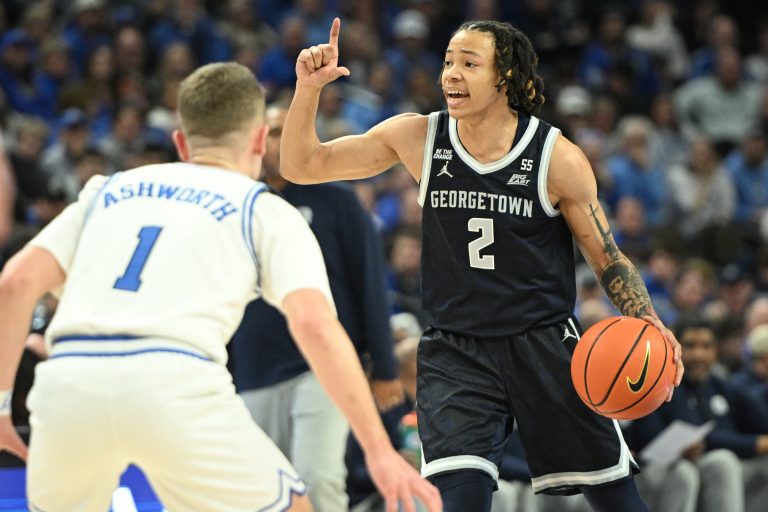 Georgetown Hoyas guard Malik Mack (2) dribbles against Creighton Bluejays guard Steven Ashworth (1) during the first half at CHI Health Center Omaha.