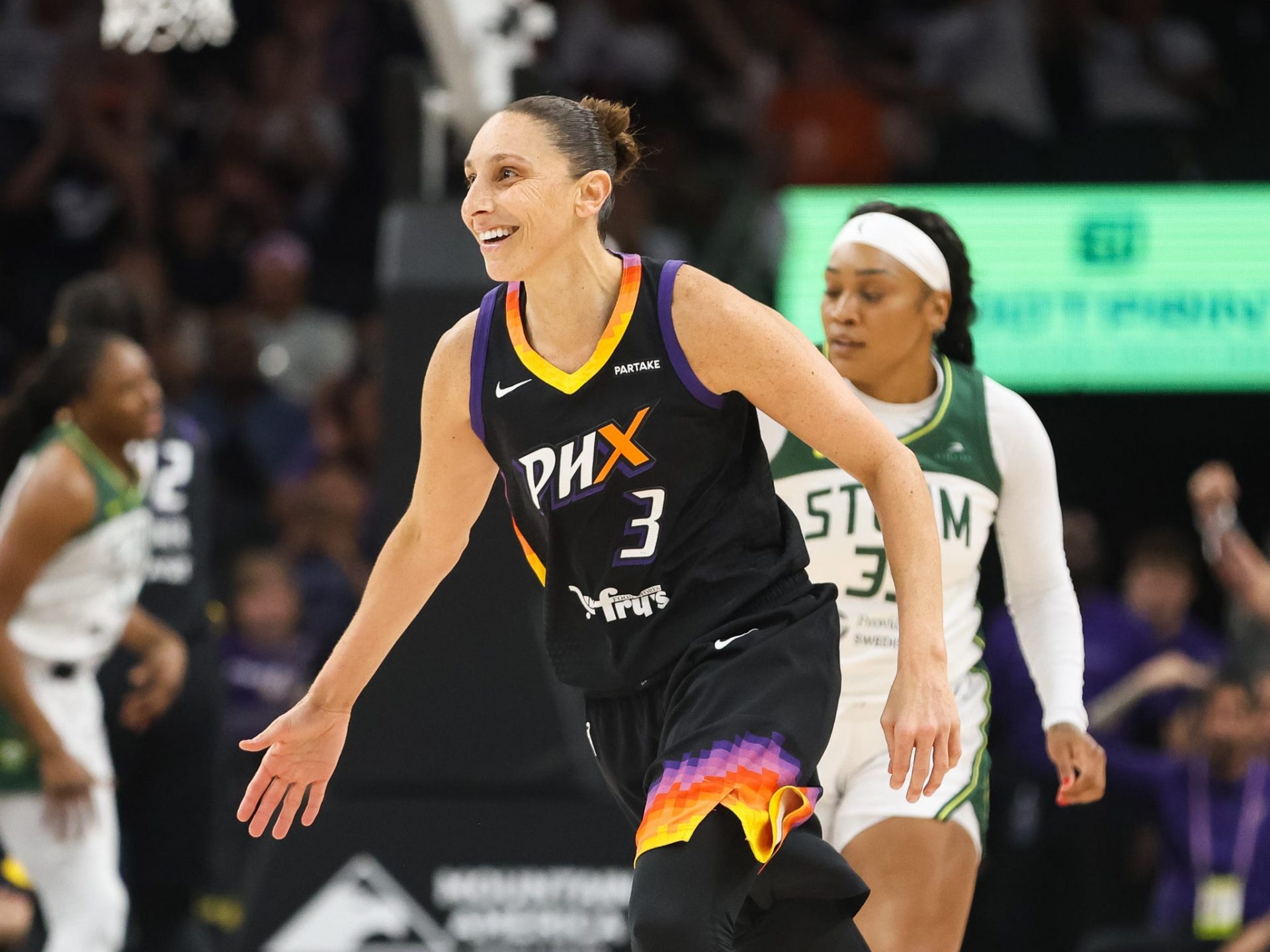 Phoenix Mercury guard Diana Taurasi smiles after hitting a three-pointer on Sept. 19, 2024 at Footprint Center in Phoenix.