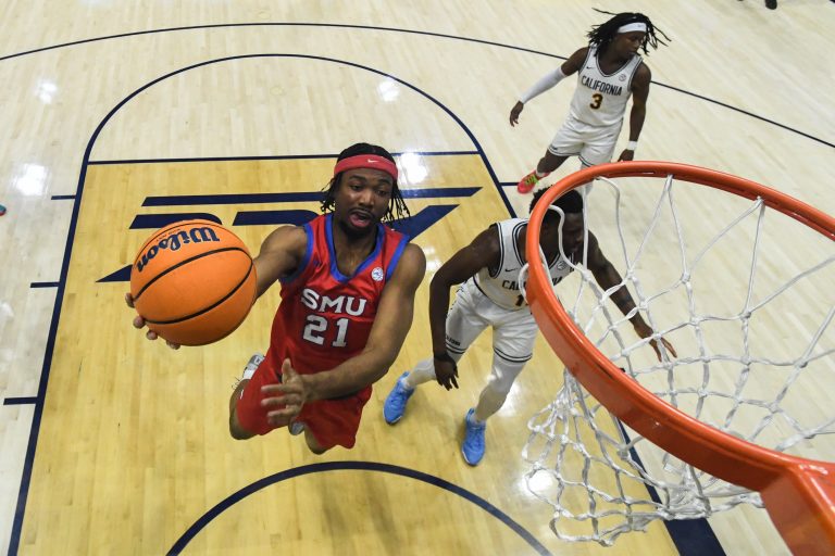 SMU Mustangs forward Yohan Traore (21) attempts a layup against the California Golden Bears in the second half at Haas Pavilion.