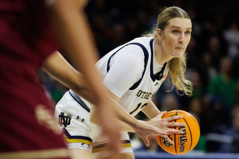 Notre Dame forward Kate Koval looks for an open teammate during a NCAA women's basketball game between No. 3 Notre Dame and No. 24 Florida State at Purcell Pavilion on Thursday, Feb. 27, 2025, in South Bend.