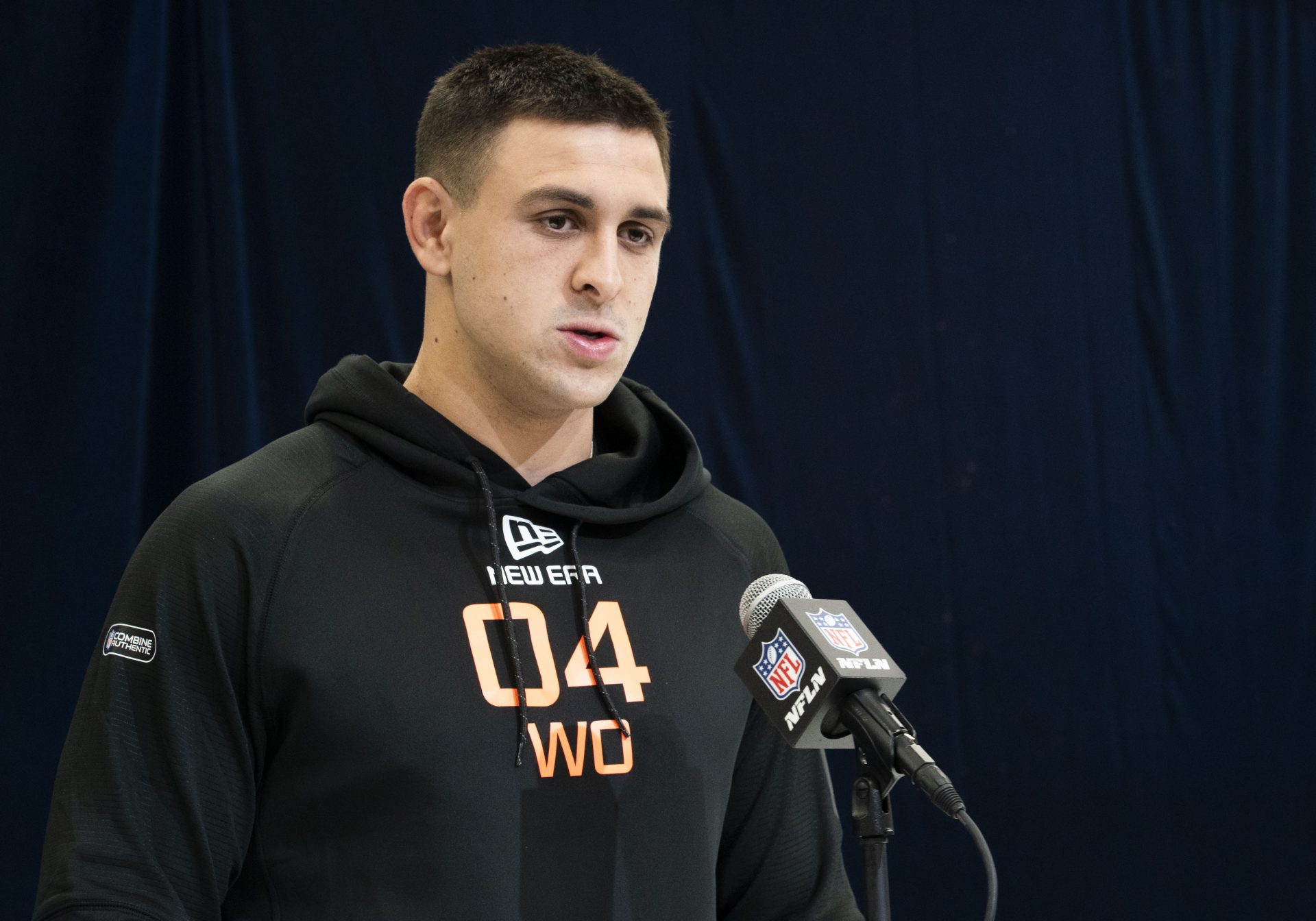 TCU wideout Jack Bech answers questions at a press conference during the 2025 NFL Combine at Indiana Convention Center.