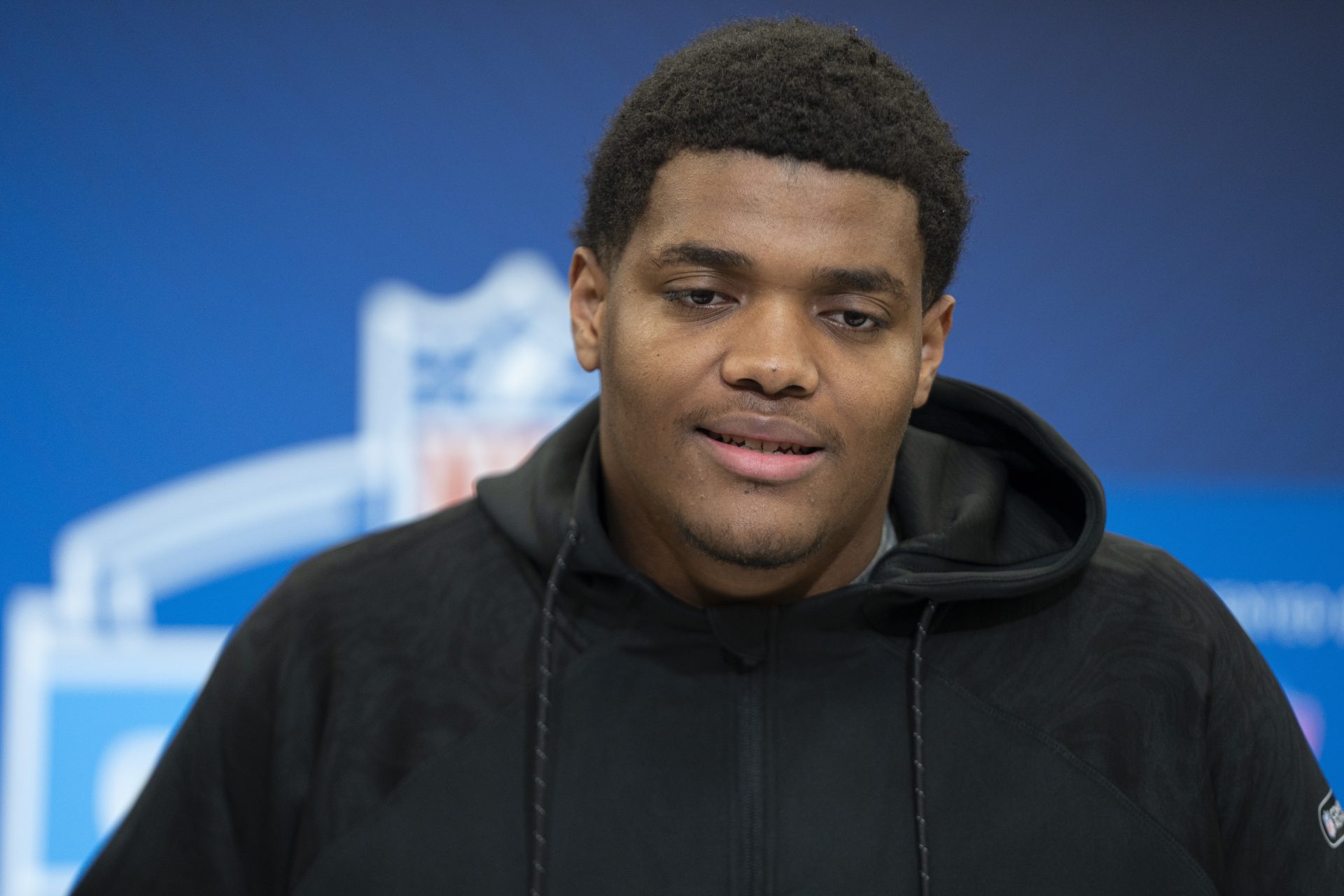 Alabama A&M offensive lineman Carson Vinson (OL45) answers questions at a press conference during the 2025 NFL Combine at Indiana Convention