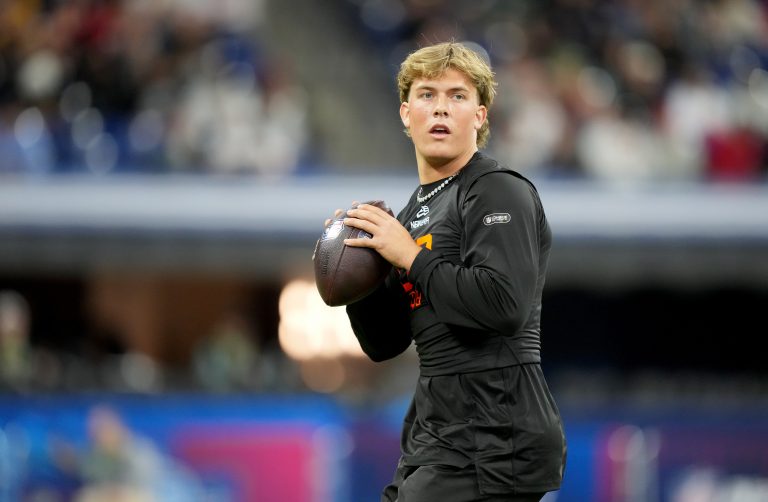 Mississippi quarterback Jaxson Dart (QB03) during the 2025 NFL Combine at Lucas Oil Stadium.