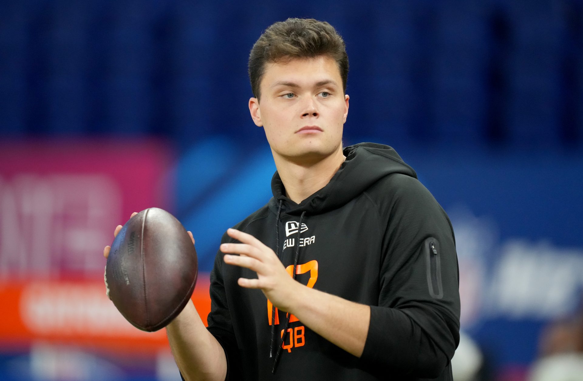 Indiana quarterback Kurtis Rourke (QB12) during the 2025 NFL Combine at Lucas Oil Stadium.