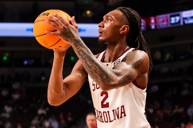 South Carolina Gamecocks guard Zachary Davis (2) attempts a three pointer against the Georgia Bulldogs in the first half at Colonial Life Arena.