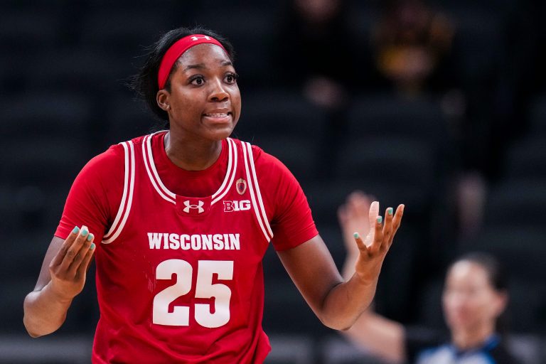 Wisconsin Badgers forward Serah Williams (25) reacts to a call Wednesday, March 5, 2025, in a round one game at the 2025 TIAA Big Ten Women's Basketball Tournament between the Iowa Hawkeyes and the Wisconsin Badgers at Gainbridge Fieldhouse in Indianapolis.