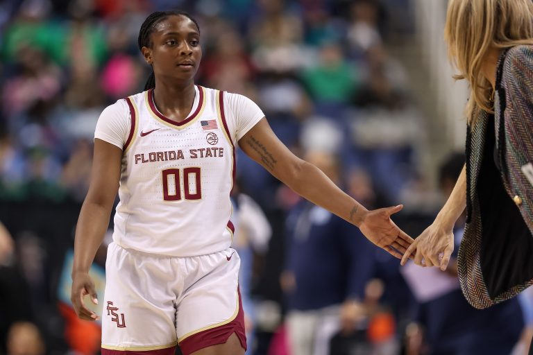 Florida State Seminoles guard Ta'Niya Latson (00) comes off the court during the fourth quarter against North Carolina Tar Heels at First Horizon Coliseum.