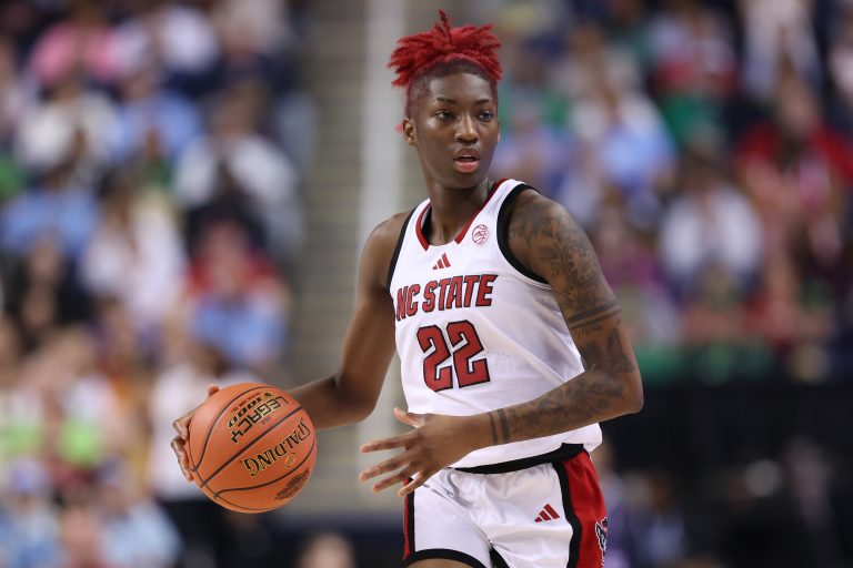 NC State Wolfpack guard Saniya Rivers (22) brings the ball up court during the fourth quarter against North Carolina Tar Heels at First Horizon Coliseum.
